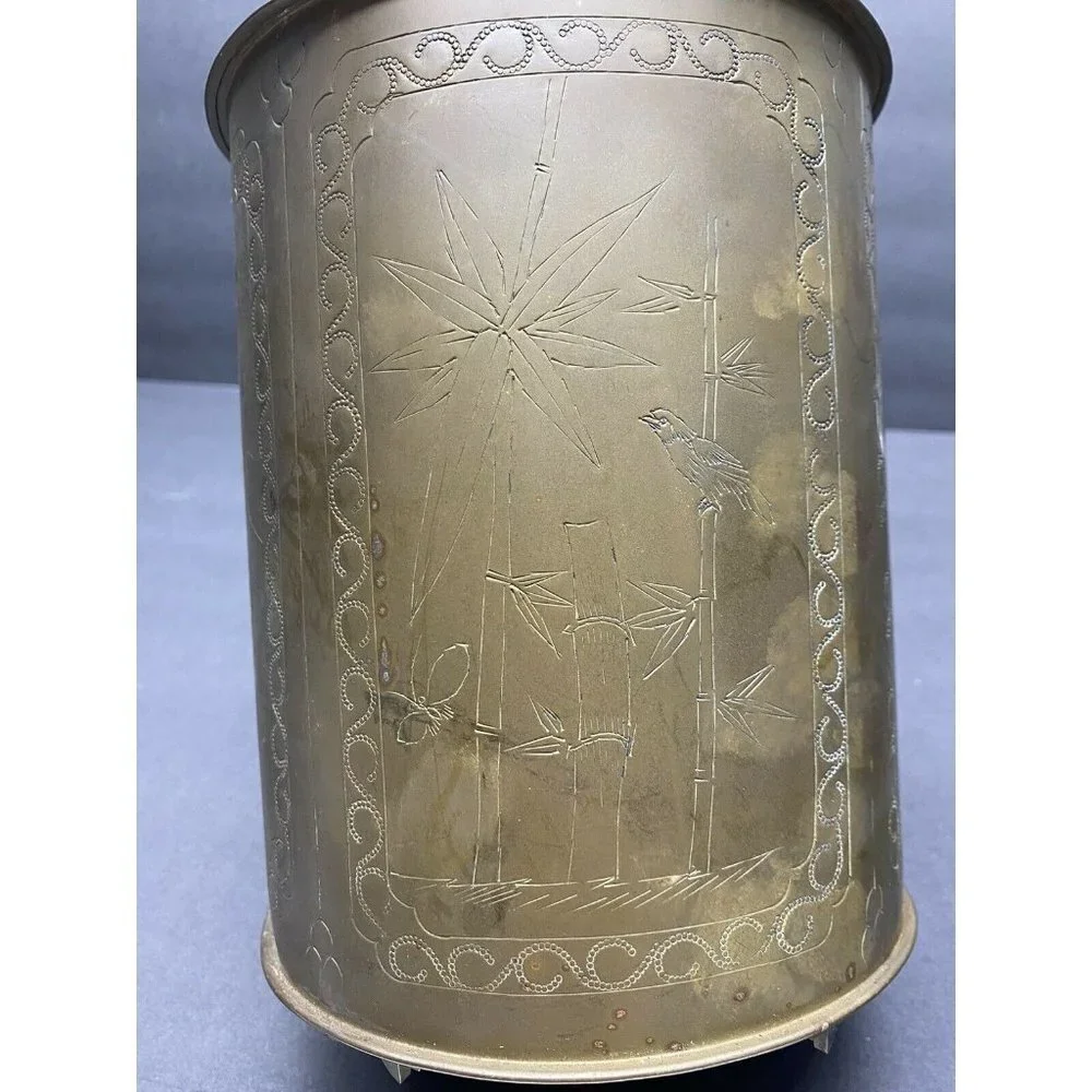VTG 50s Brass‎ Tea Canister Jar Container Floral Etched Gold 12.5